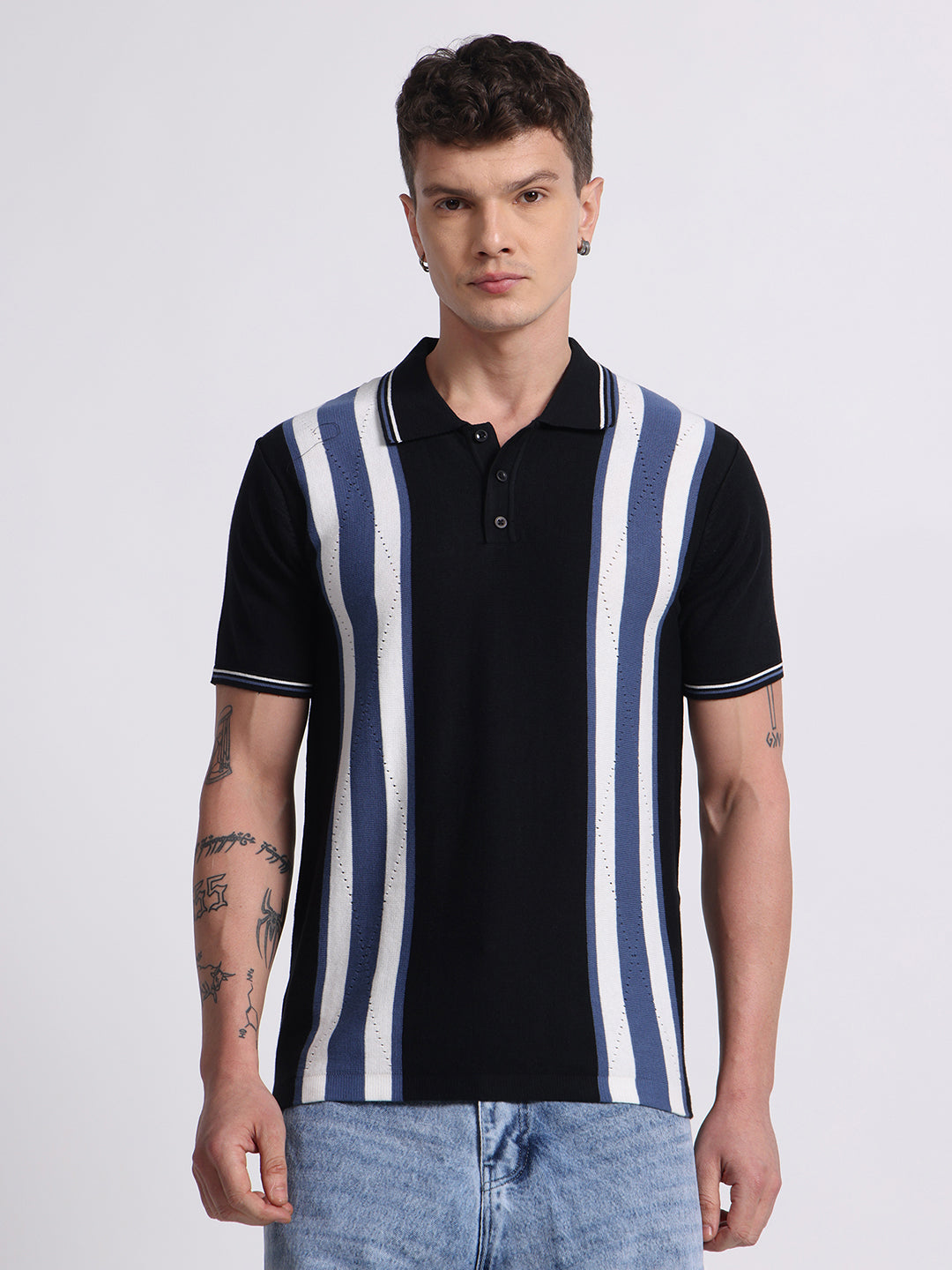 Retro Stripe Knit Polo – Midnight Black & Blue