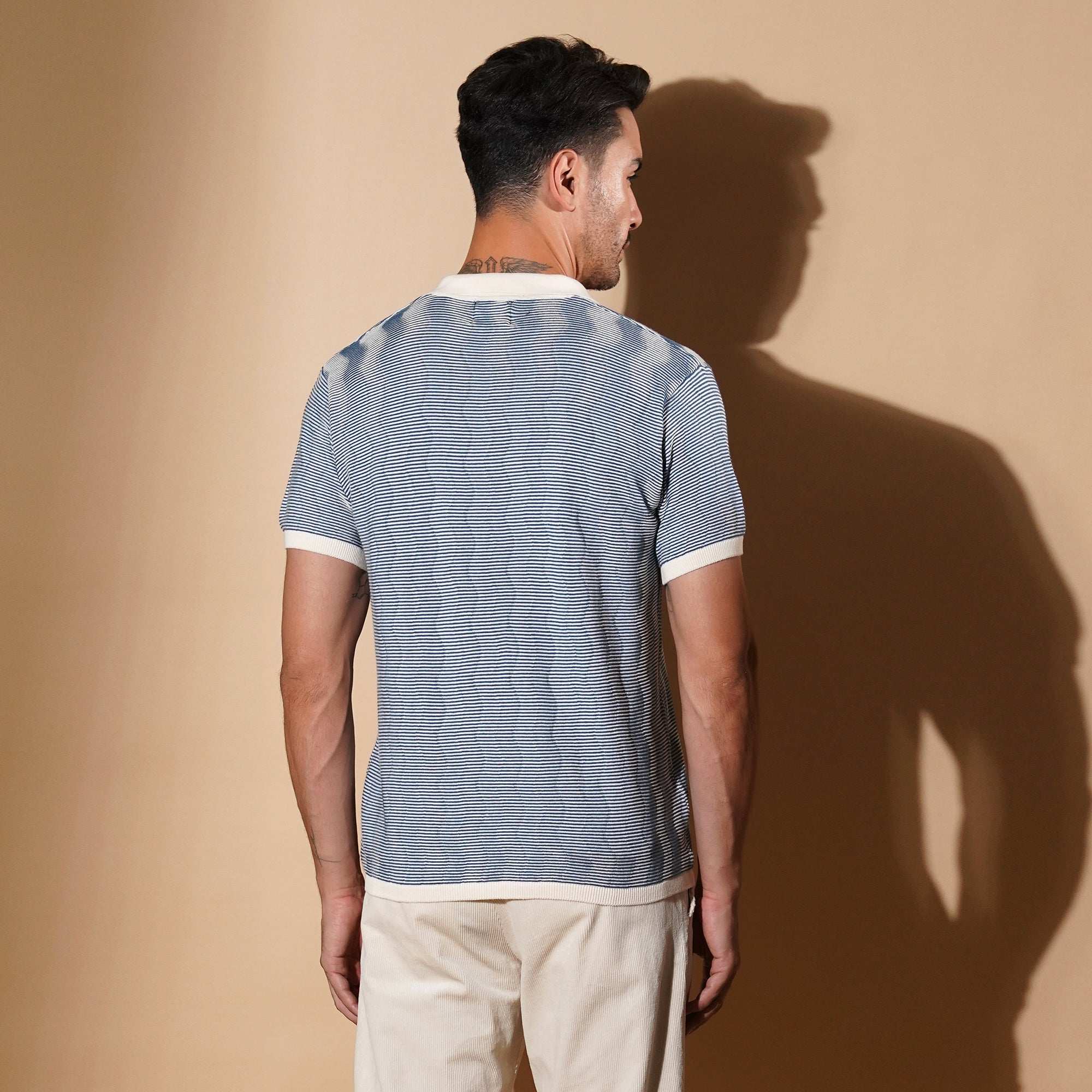 Textured Blue Micro-Stripe Knit Polo