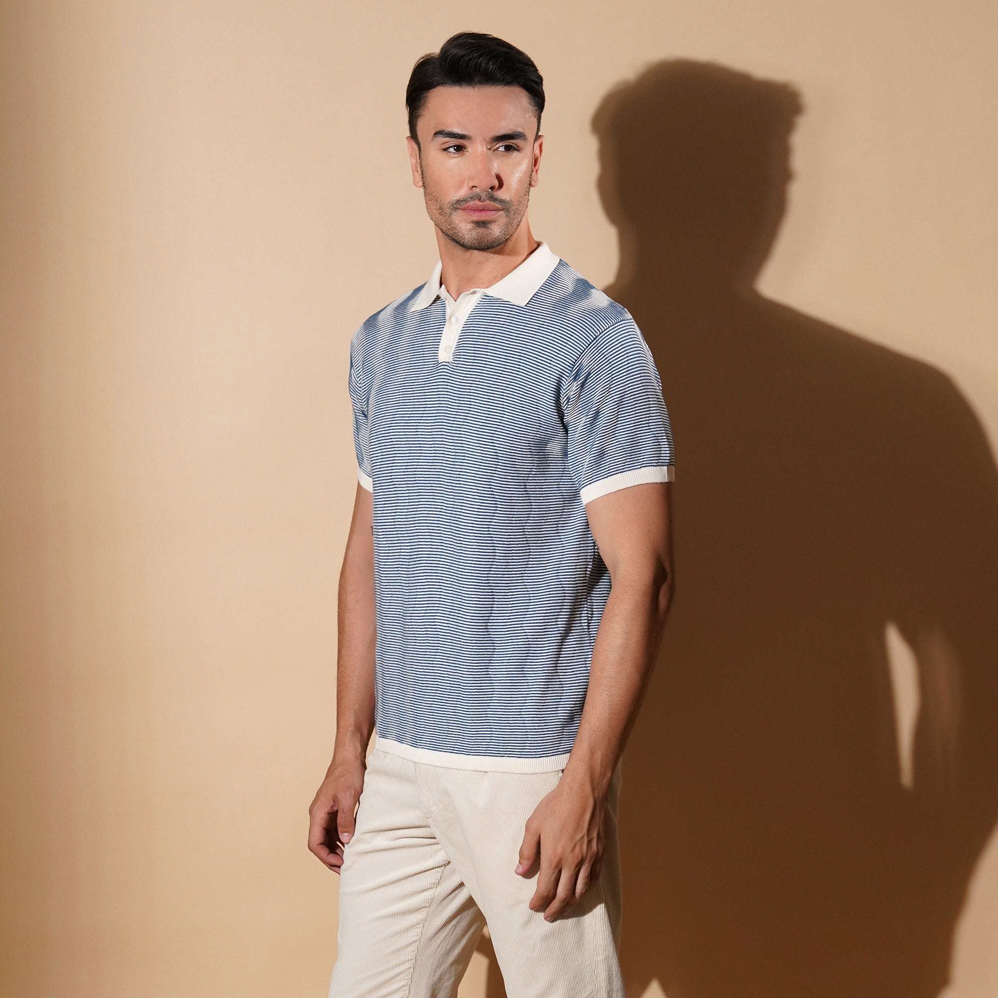 Textured Blue Micro-Stripe Knit Polo