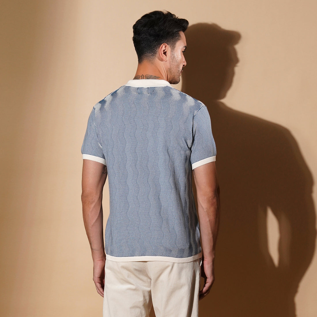Textured Blue Micro-Stripe Polo Shirt