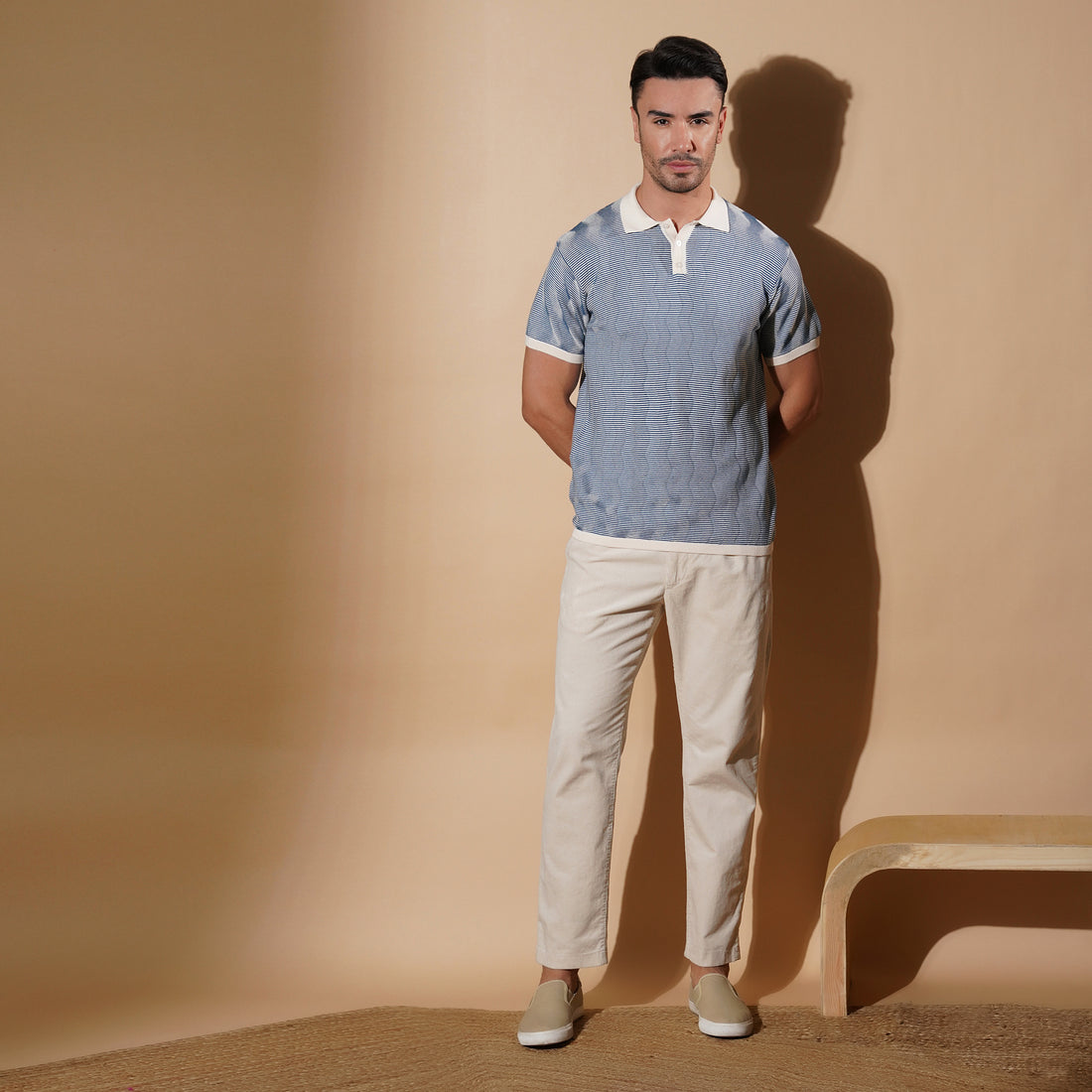 Textured Blue Micro-Stripe Polo Shirt