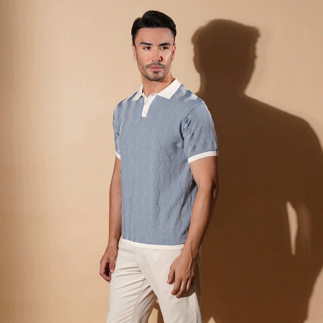 Textured Blue Micro-Stripe Polo Shirt
