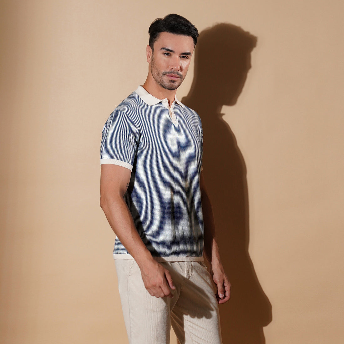 Textured Blue Micro-Stripe Polo Shirt