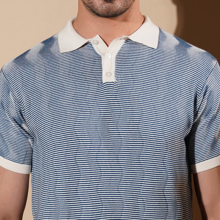 Textured Blue Micro-Stripe Polo Shirt