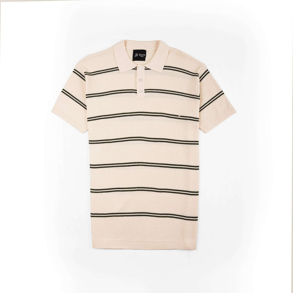 Striped Minimal Knit Polo – Cream Black