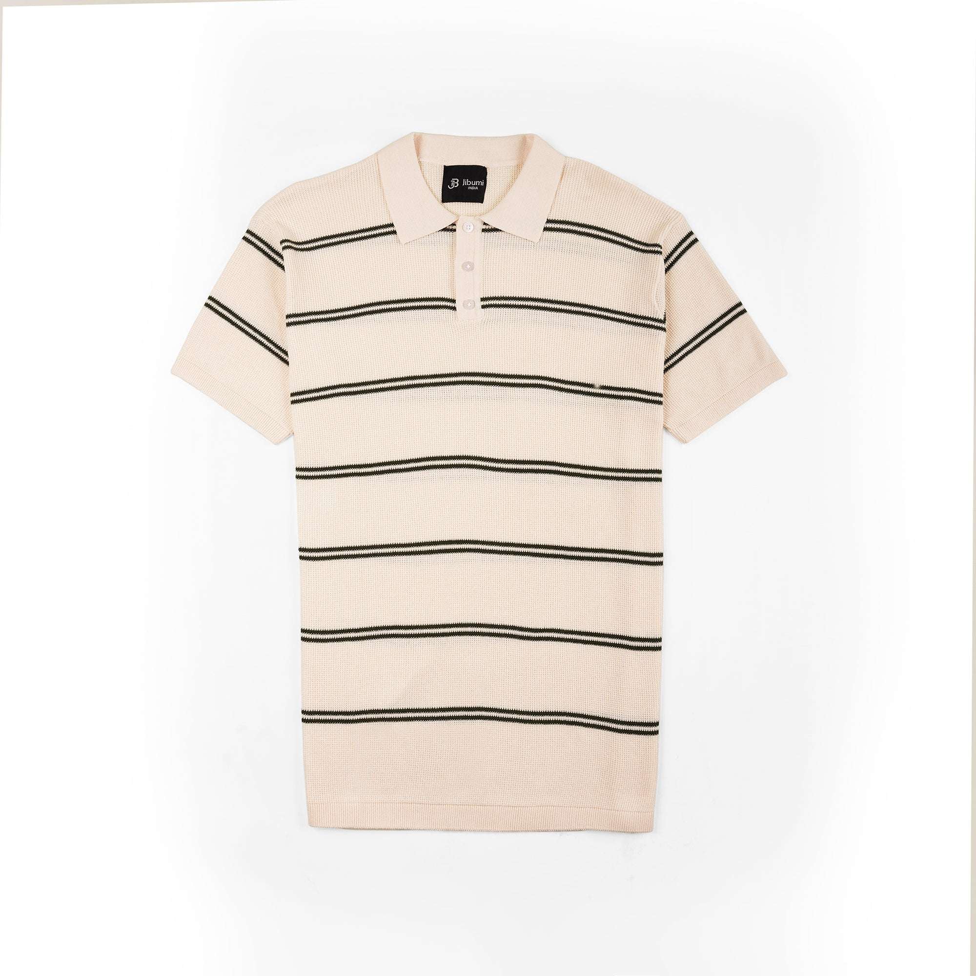 Striped Minimal Knit Polo – Cream Black