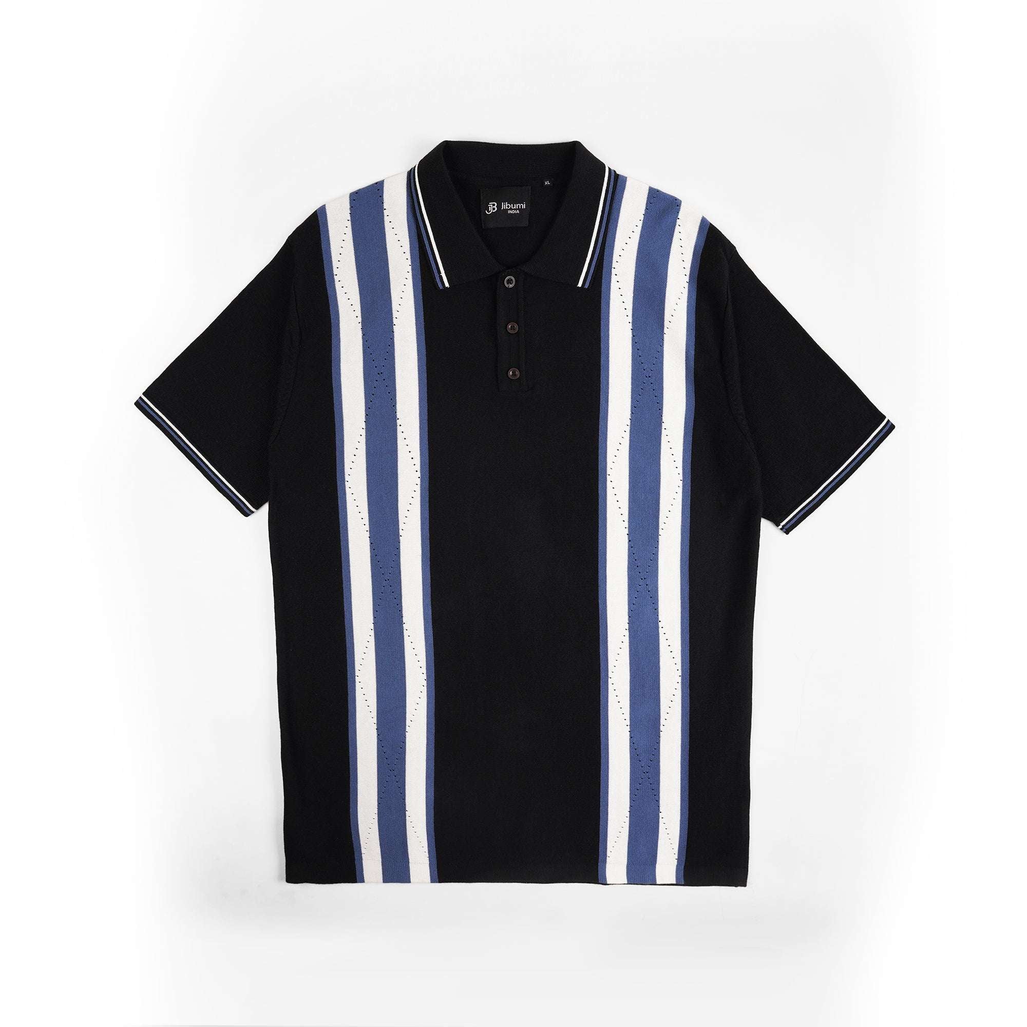 Retro Stripe Knit Polo – Midnight Black & Blue
