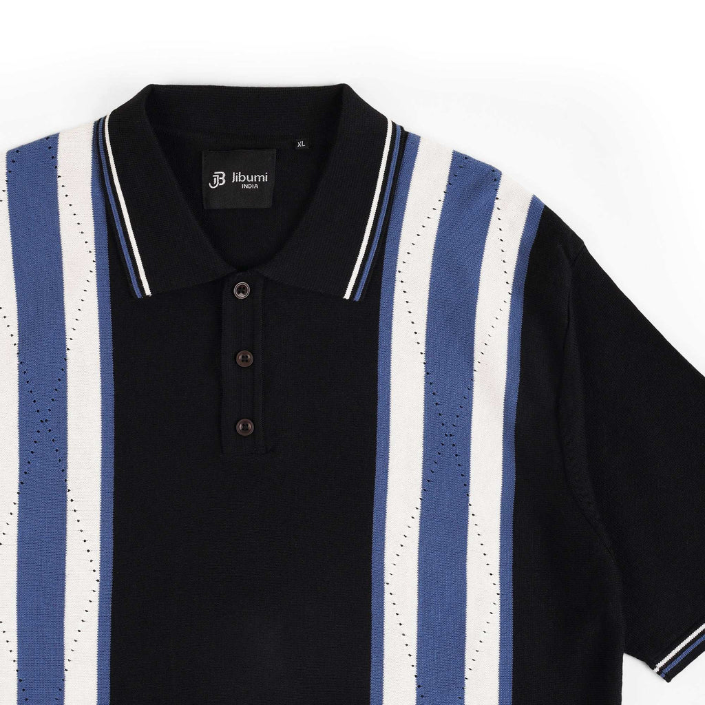 Retro Stripe Knit Polo – Midnight Black & Blue