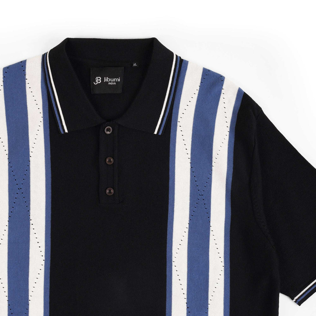 Retro Stripe Knit Polo – Midnight Black & Blue