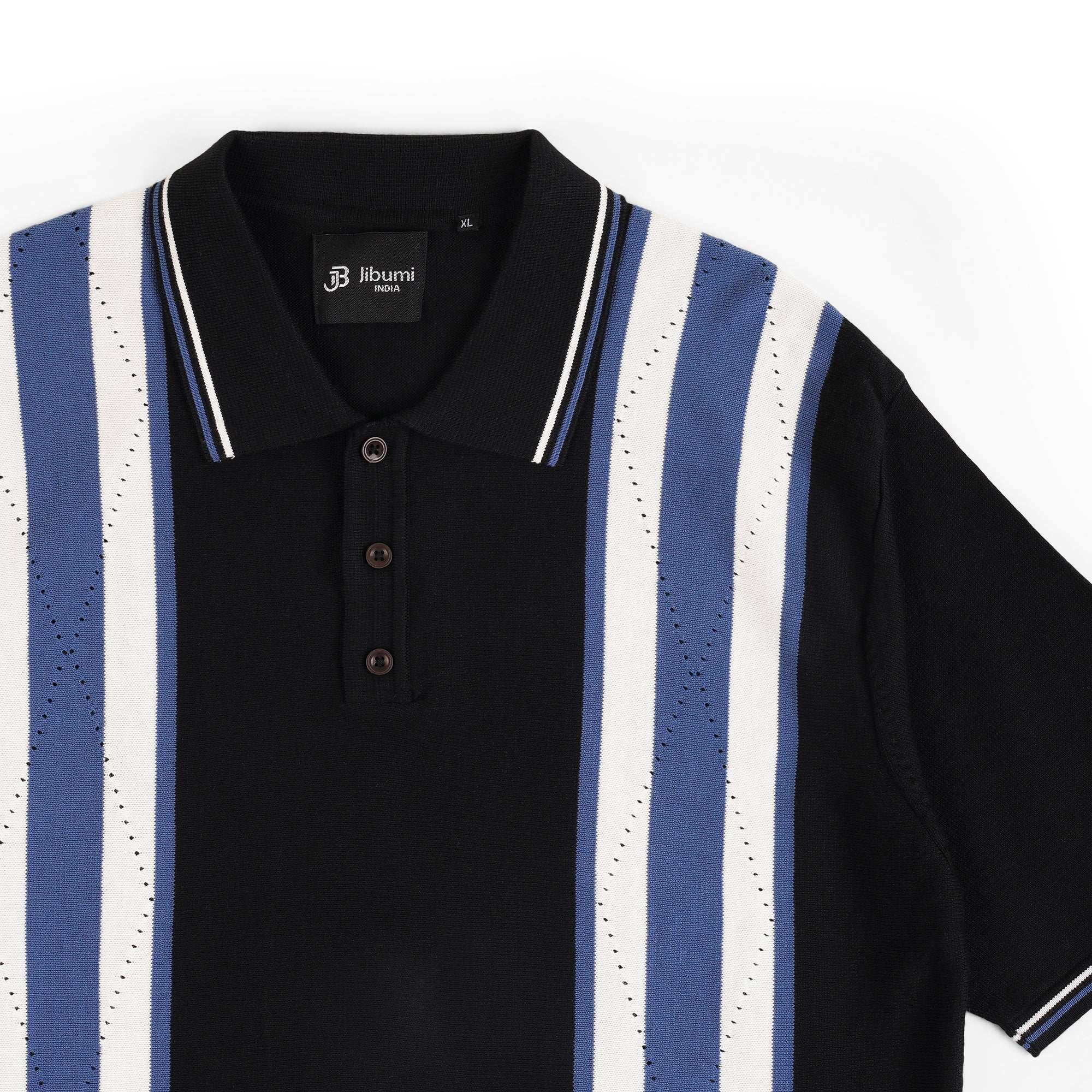 Retro Stripe Knit Polo – Midnight Black & Blue