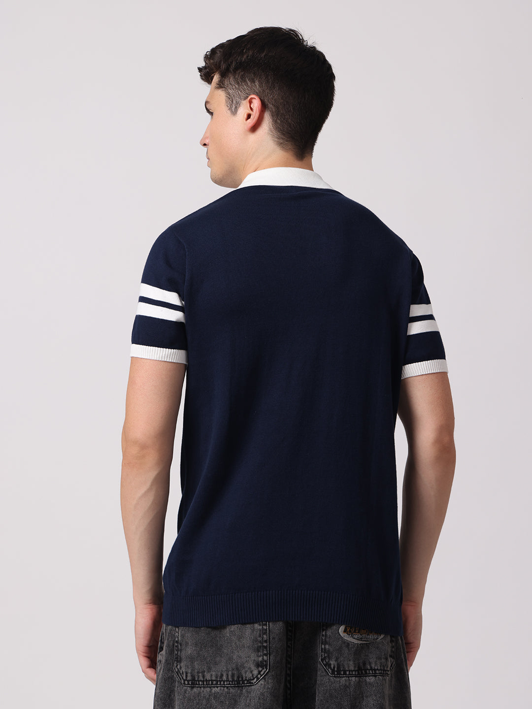 Knitted Cotton Polo Shirt with Patchwork & Contrast Collar