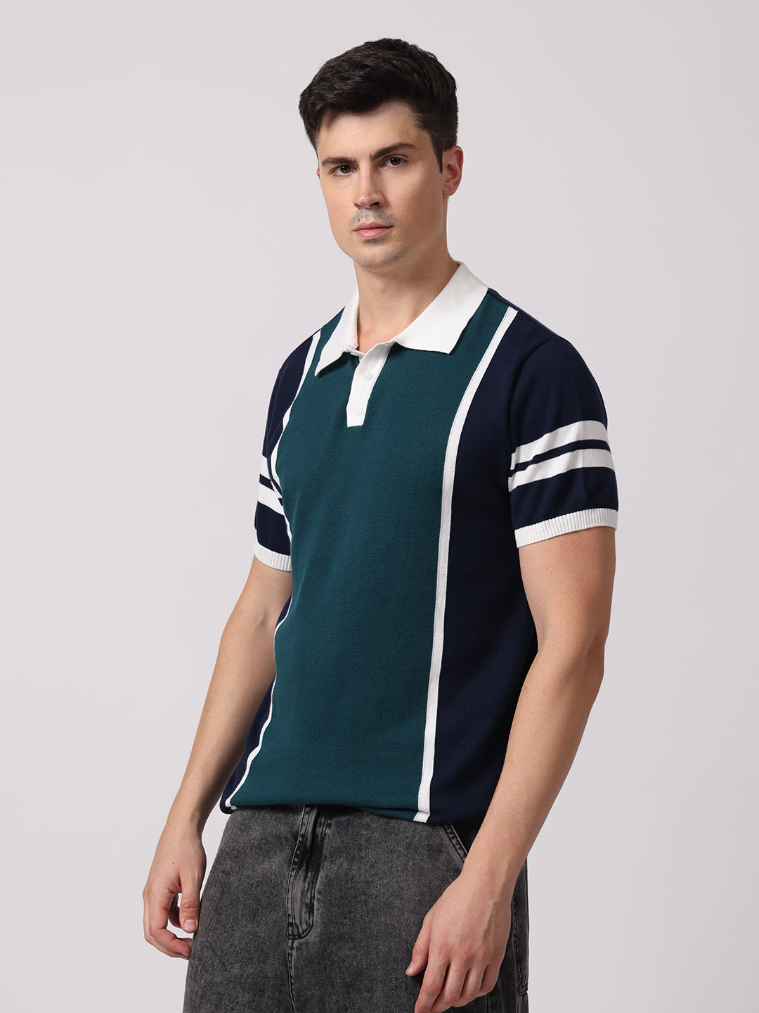 Knitted Cotton Polo Shirt with Patchwork & Contrast Collar