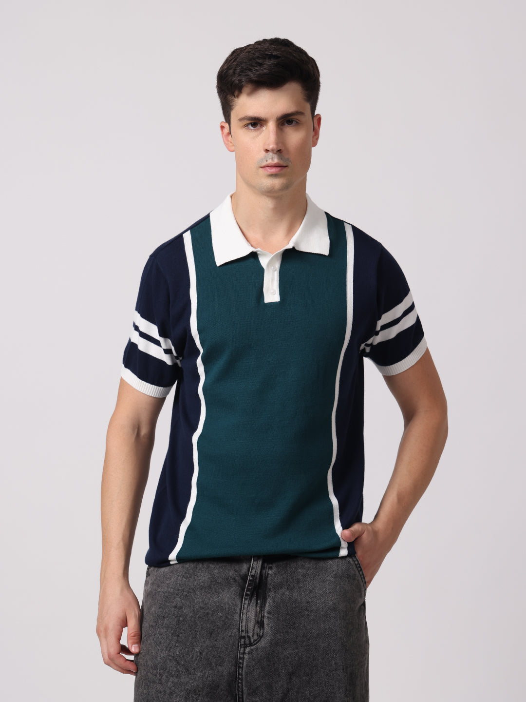 Knitted Cotton Polo Shirt with Patchwork & Contrast Collar