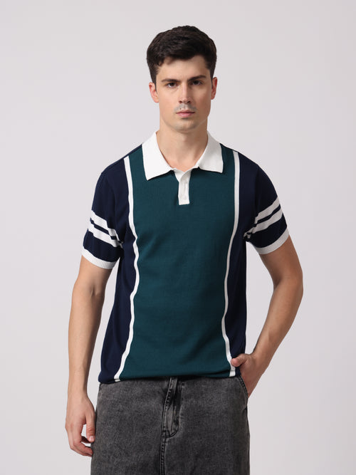 Knitted Cotton Polo Shirt with Patchwork & Contrast Collar