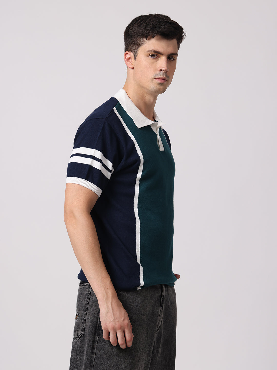 Knitted Cotton Polo Shirt with Patchwork & Contrast Collar
