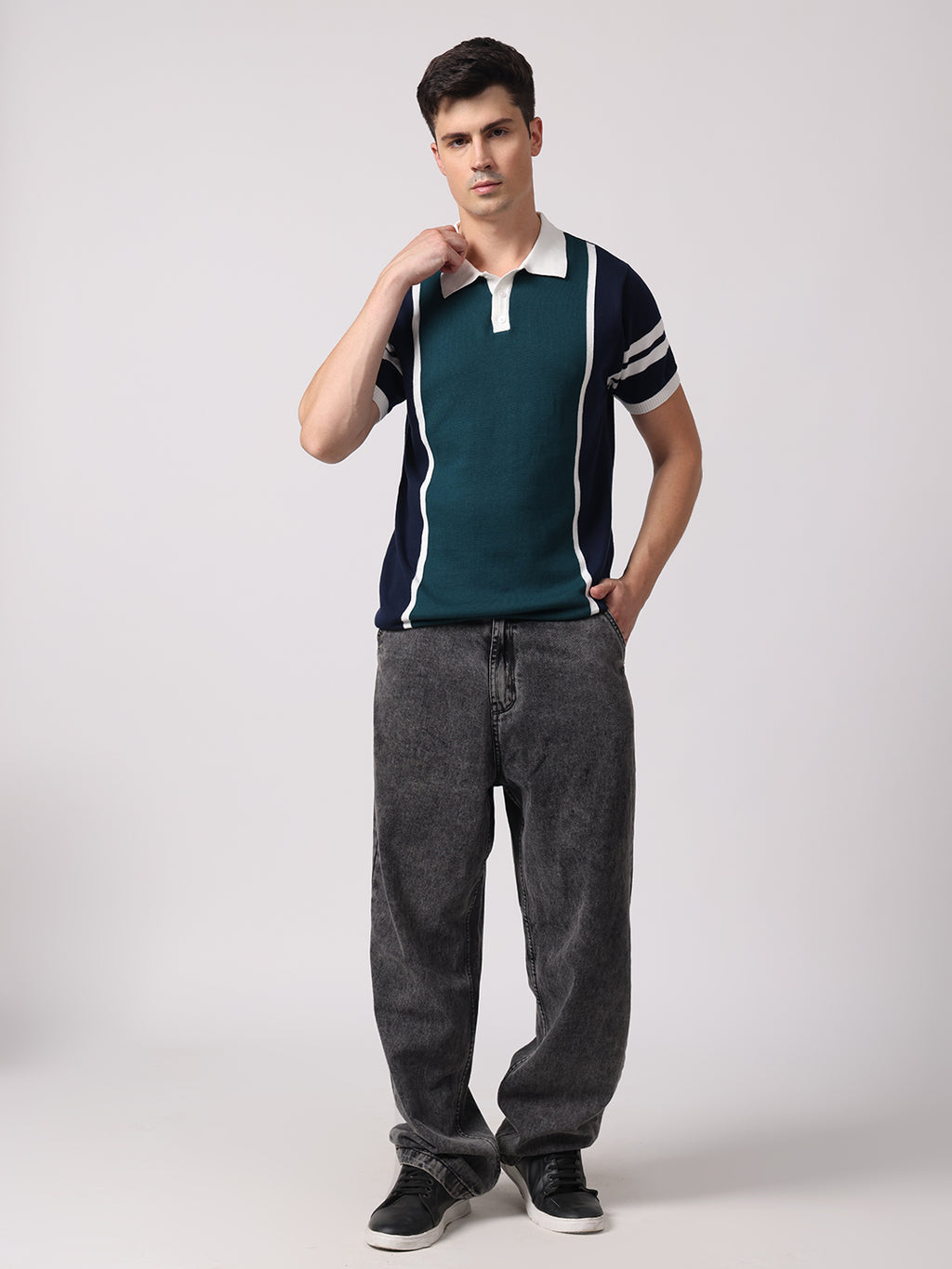 Knitted Cotton Polo Shirt with Patchwork & Contrast Collar