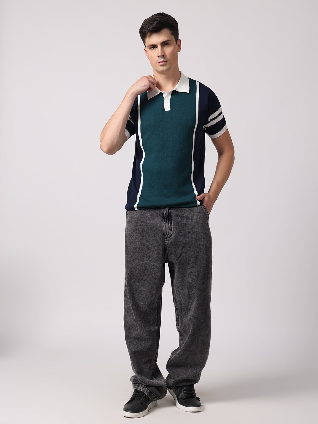 Knitted Cotton Polo Shirt with Patchwork & Contrast Collar