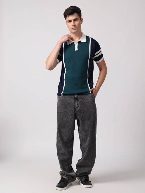 Knitted Cotton Polo Shirt with Patchwork & Contrast Collar