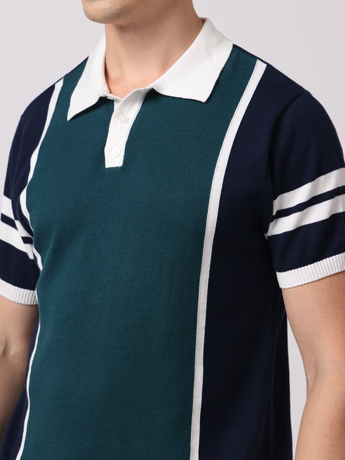 Knitted Cotton Polo Shirt with Patchwork & Contrast Collar
