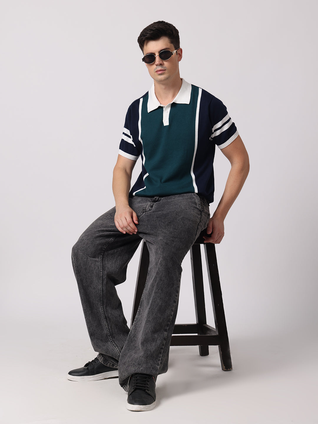 Knitted Cotton Polo Shirt with Patchwork & Contrast Collar