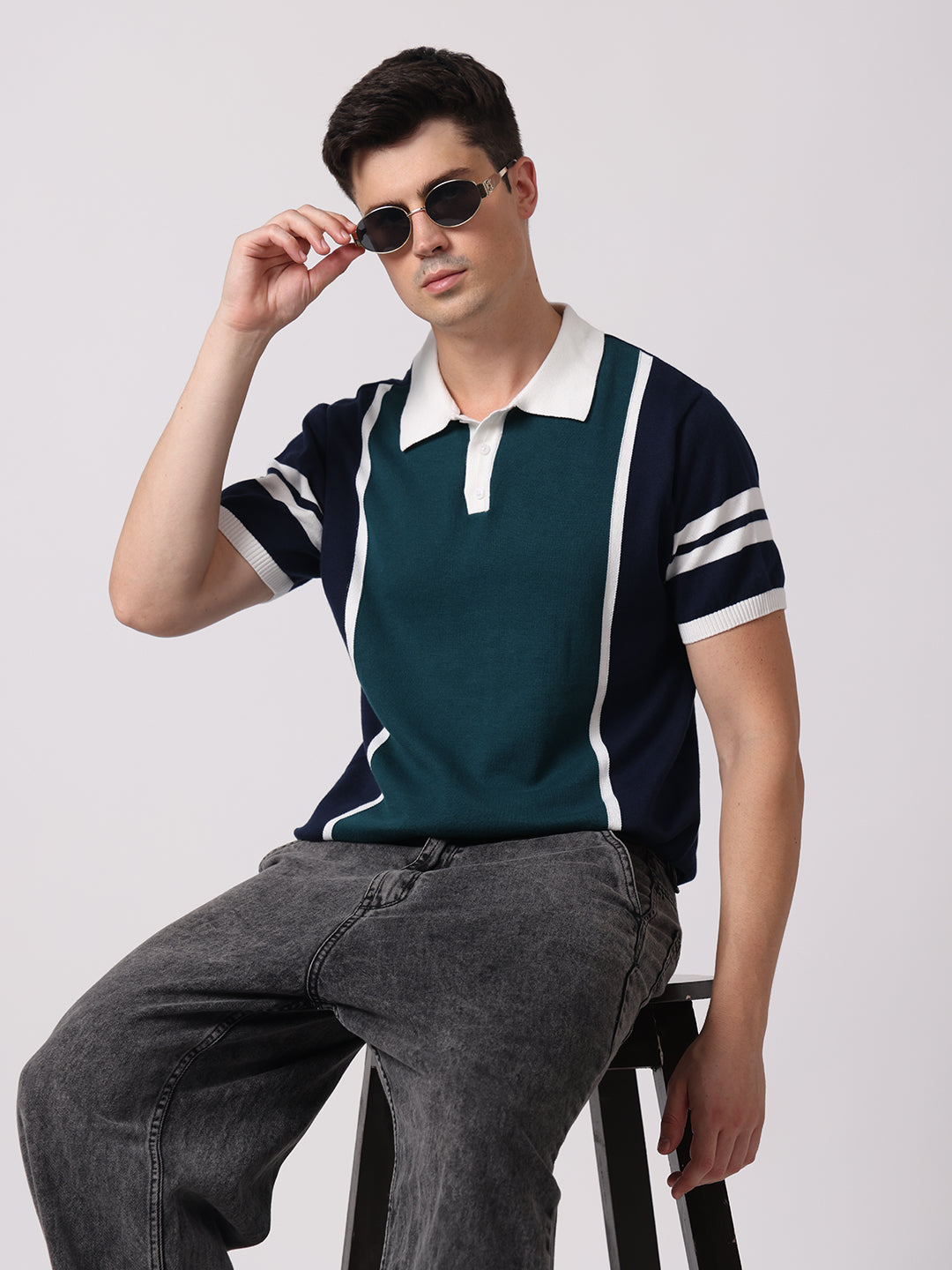 Knitted Cotton Polo Shirt with Patchwork & Contrast Collar