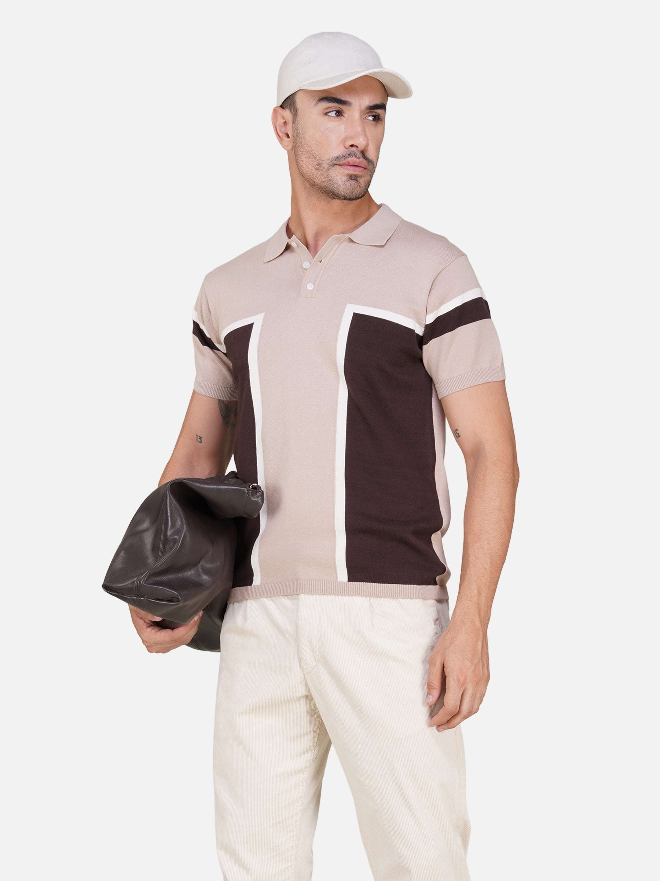 Men’s Colorblock Knit Polo – Lavender & Mocha Brown