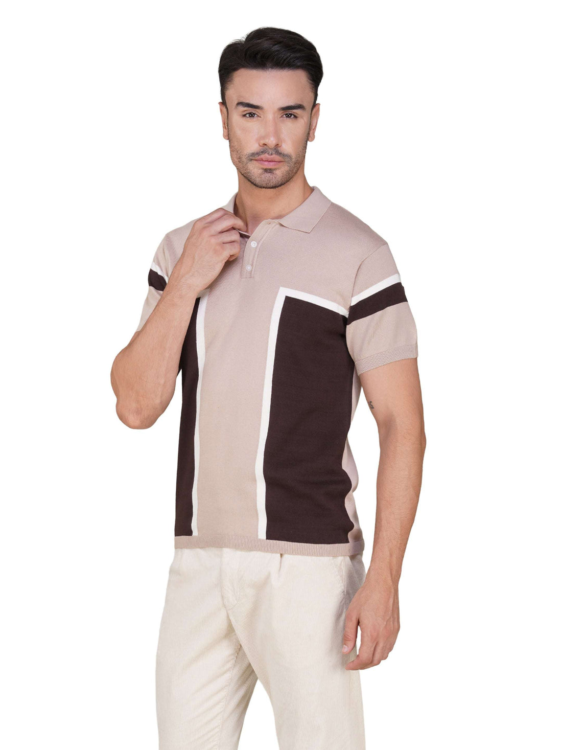 Men’s Colorblock Knit Polo – Lavender & Mocha Brown