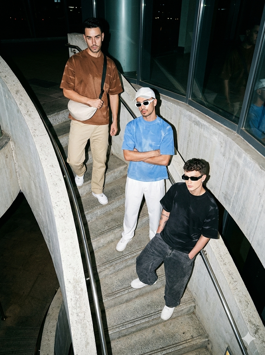 Three individuals standing on a staircase at night.