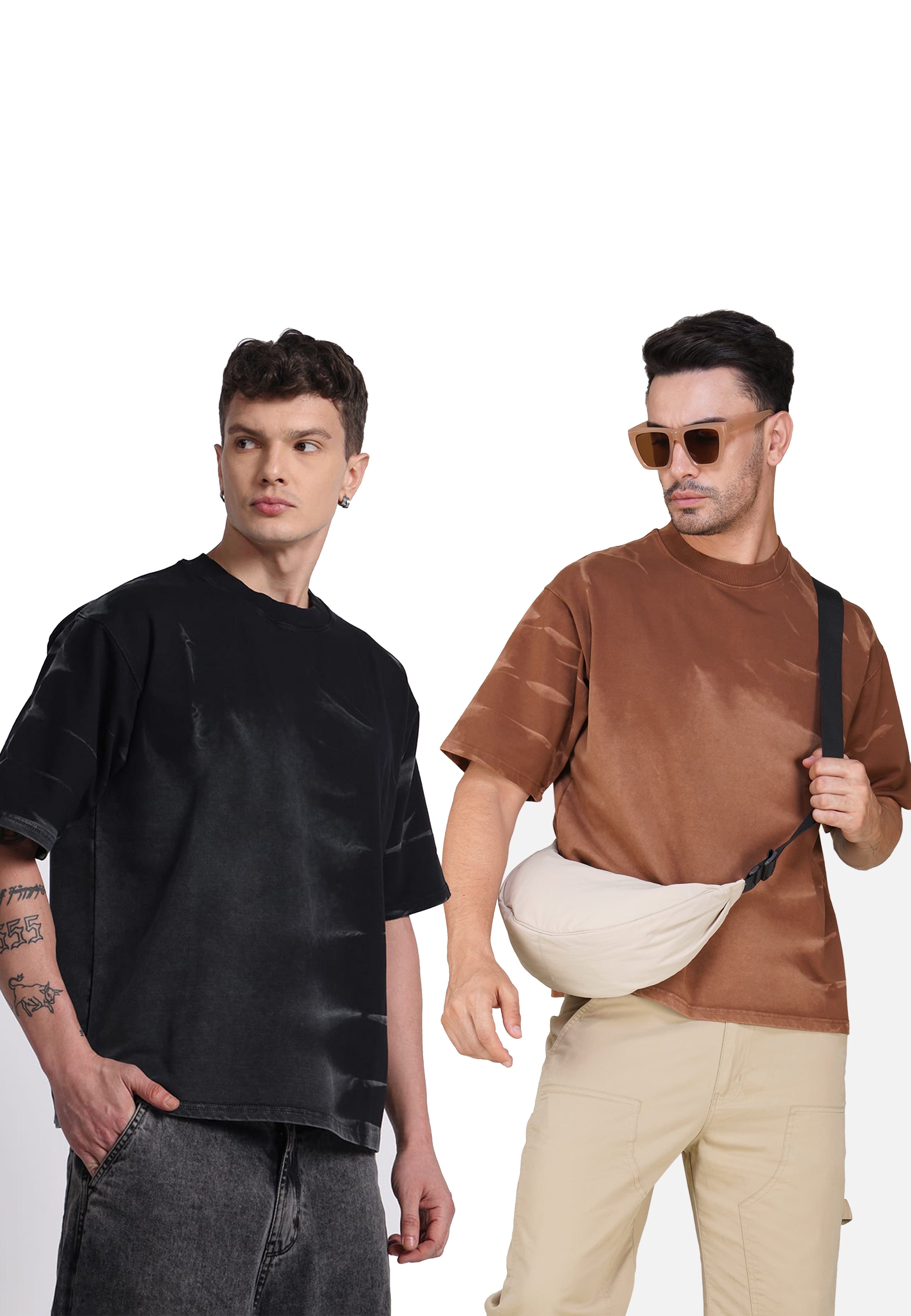 OVERSIZED TIE-DYE COTTON T-SHIRT - BLACK & BROWN (PACK OF 2)