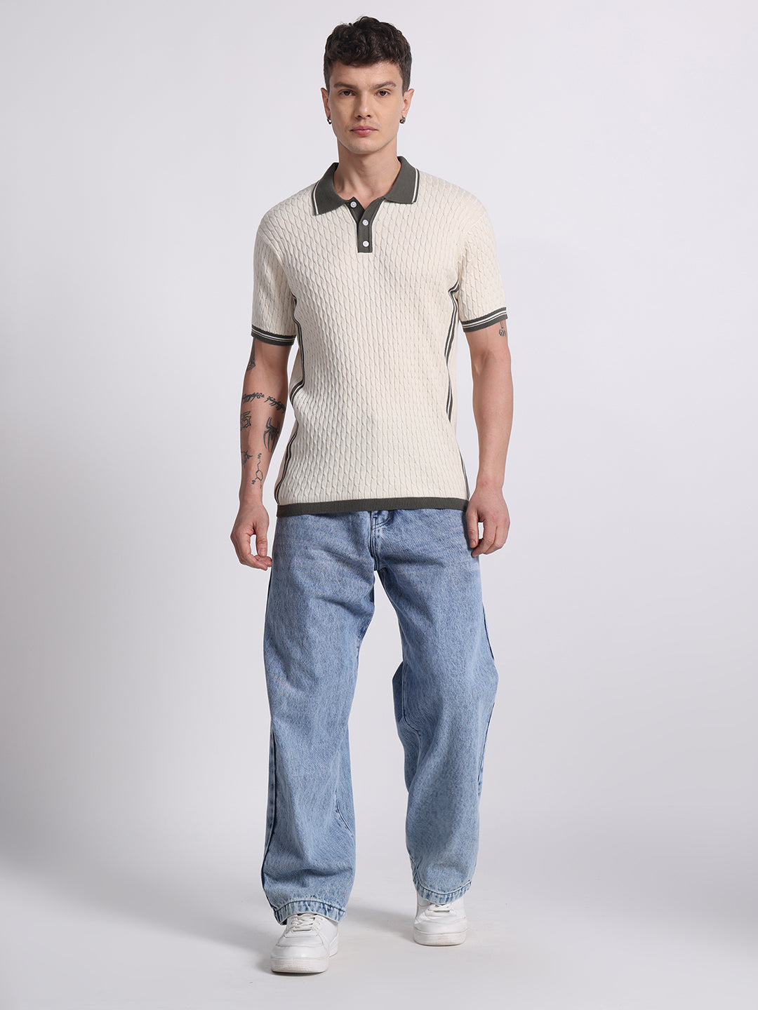 Textured Panel Knit Polo – Olive Beige