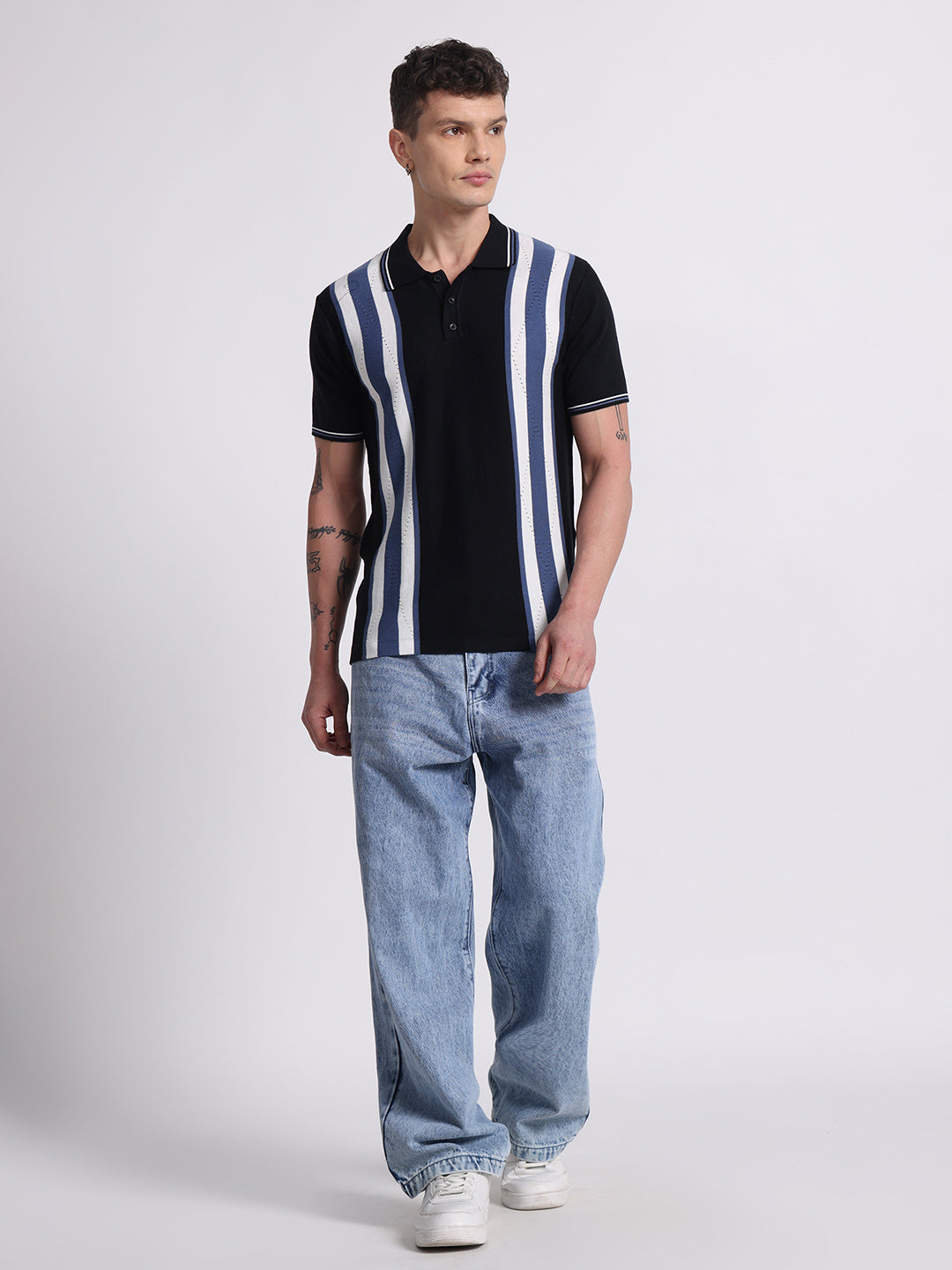 Retro Stripe Knit Polo – Midnight Black & Blue