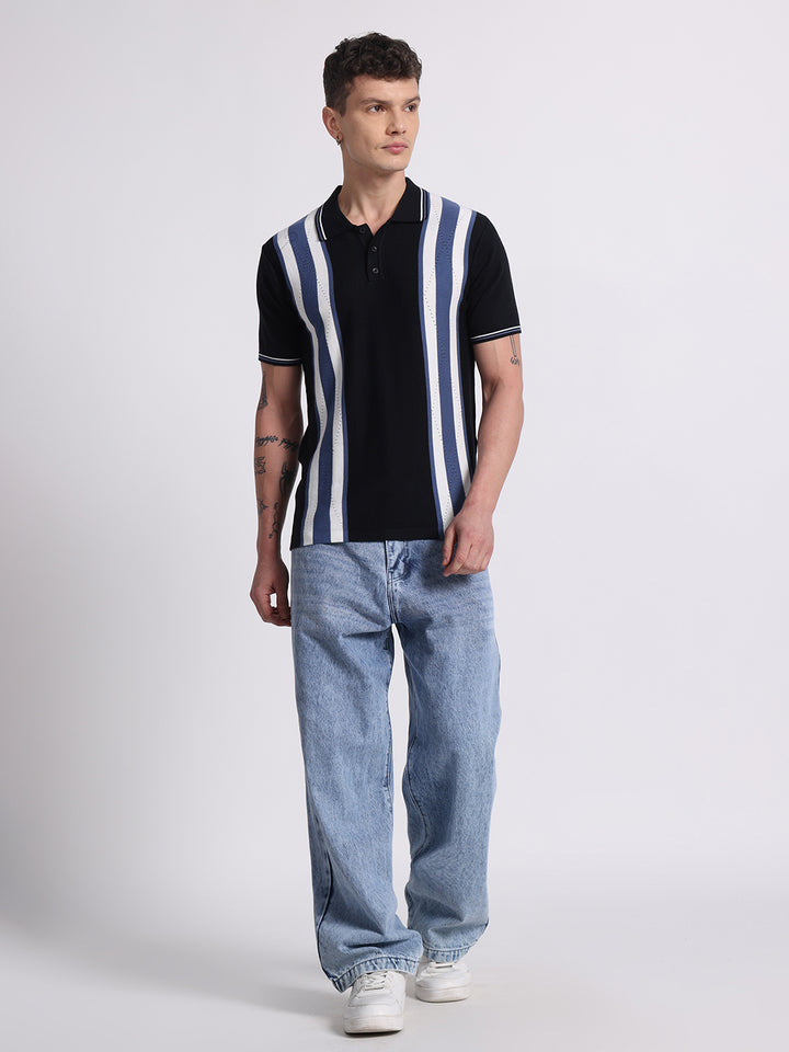 Retro Stripe Knit Polo – Midnight Black & Blue
