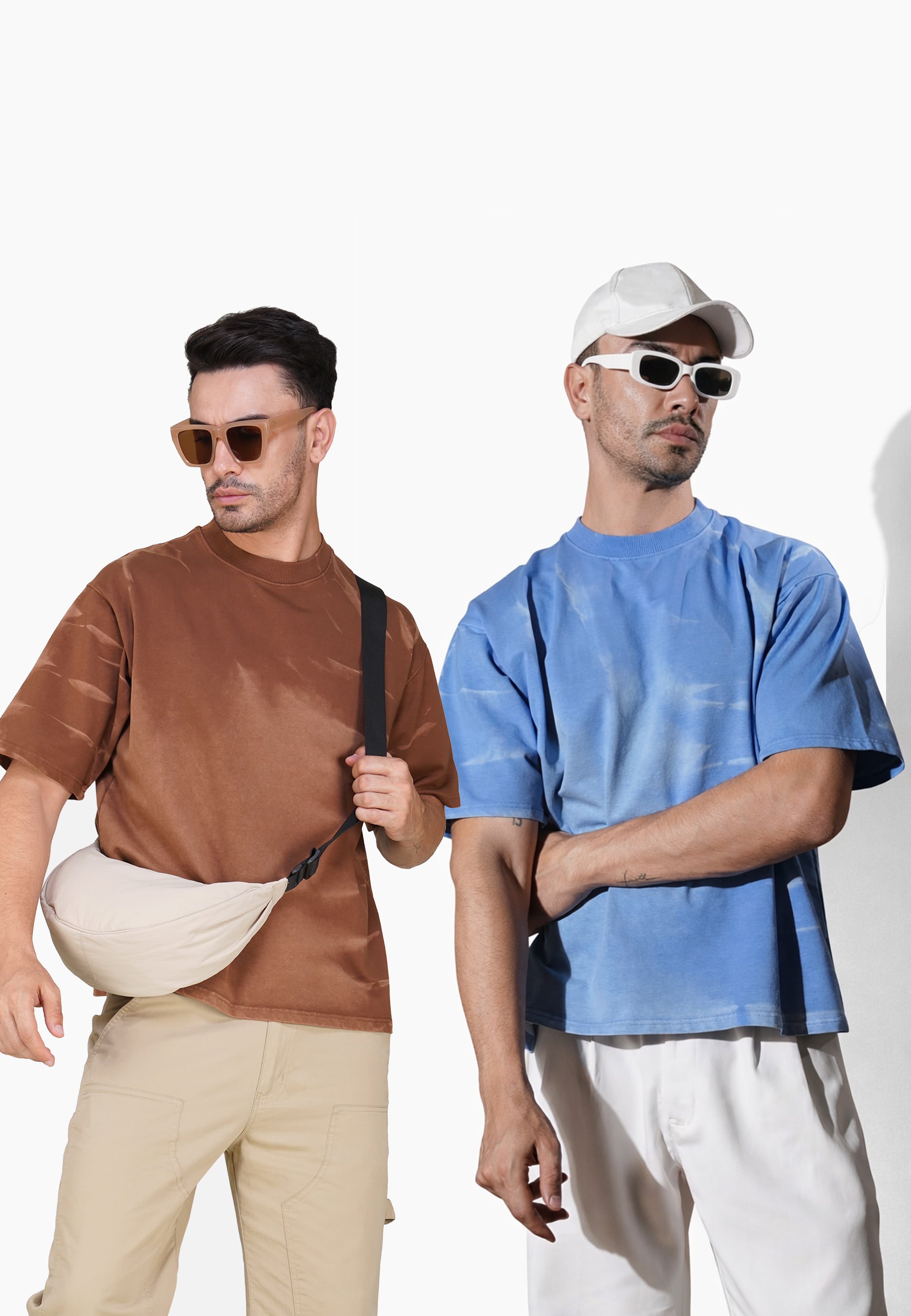 OVERSIZED TIE-DYE COTTON T-SHIRT - SKY BLUE & BROWN  (PACK OF 2)