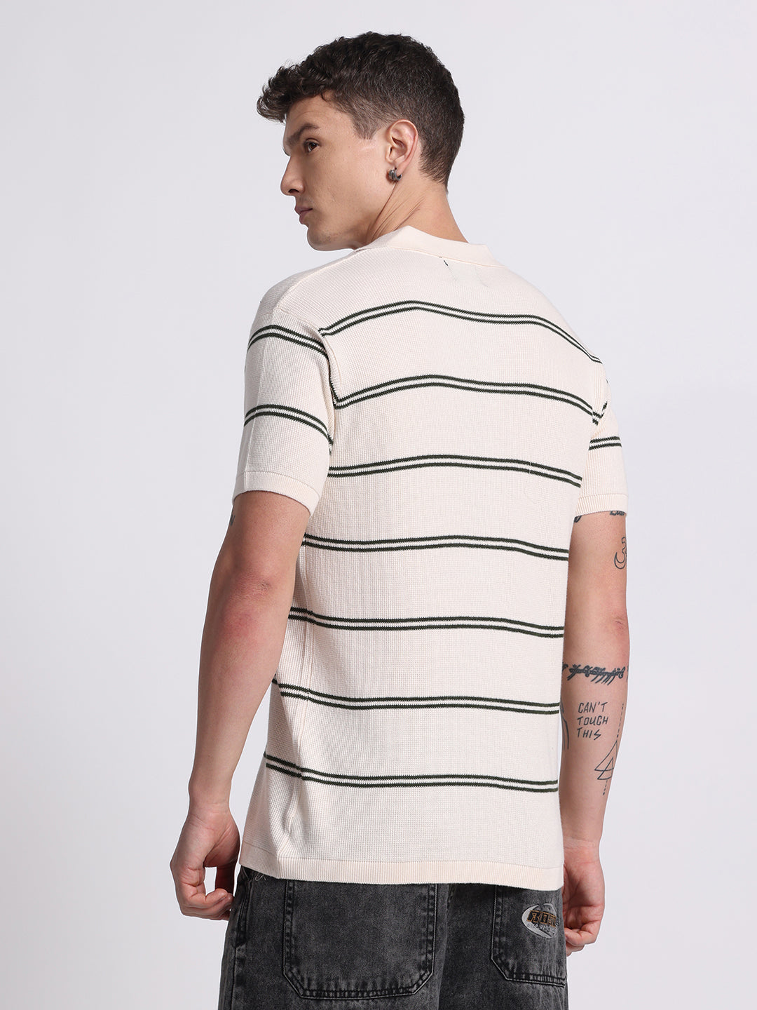 Striped Minimal Knit Polo – Cream Black