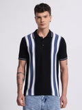 Retro Stripe Knit Polo – Midnight Black & Blue