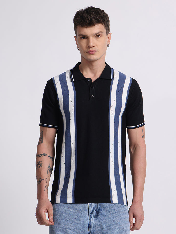Retro Stripe Knit Polo – Midnight Black & Blue