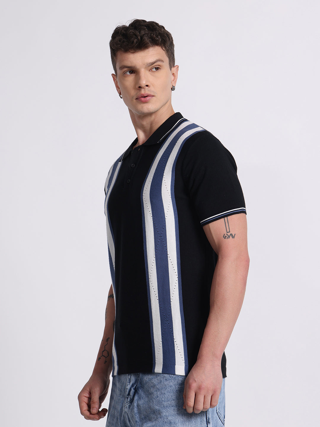 Retro Stripe Knit Polo – Midnight Black & Blue