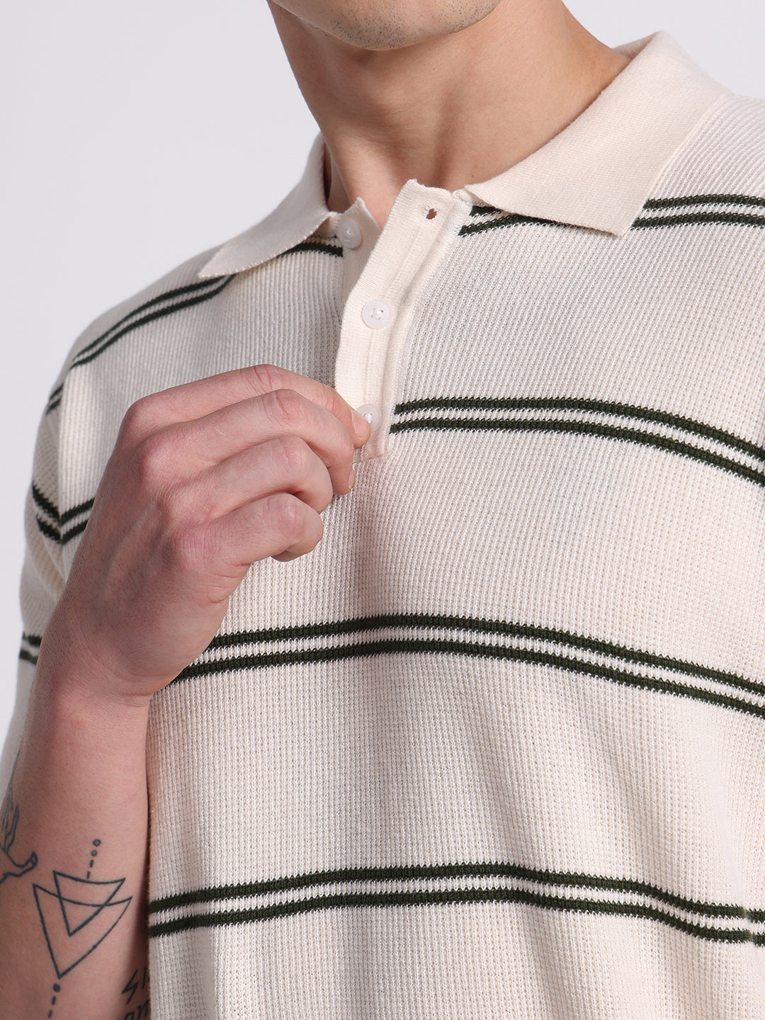 Striped Minimal Knit Polo – Cream Black