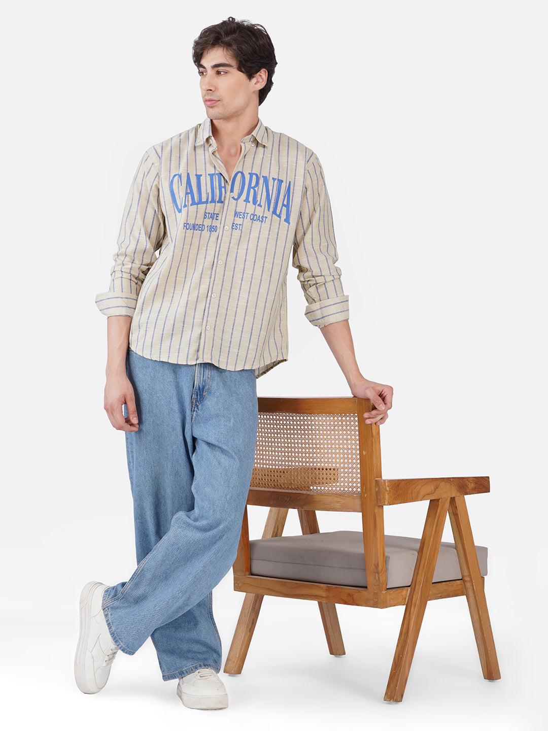 Men's Premium California Printed Striped Linen Blend Casual Shirt