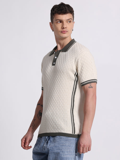 Textured Panel Knit Polo – Olive Beige