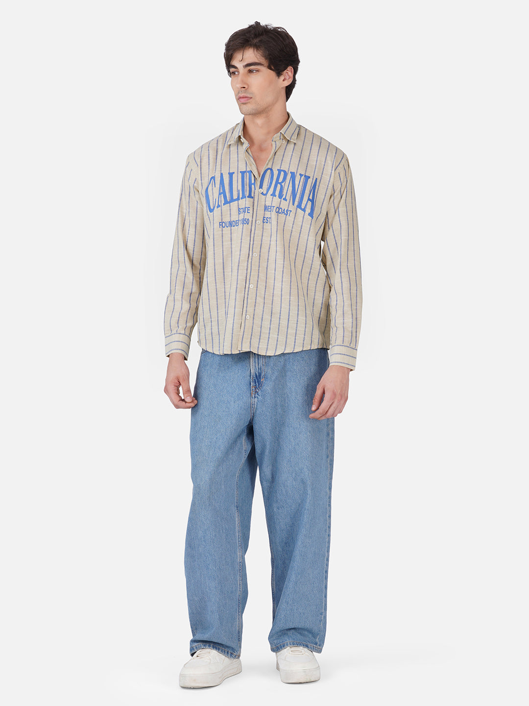 Men's Premium California Printed Striped Linen Blend Casual Shirt