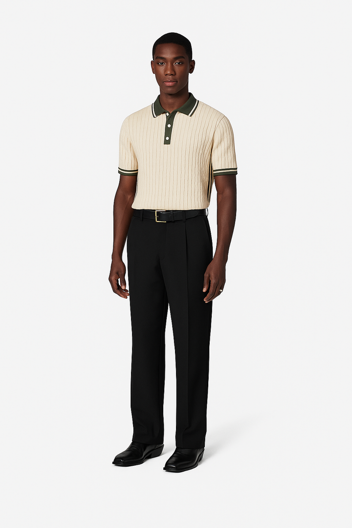 Textured Panel Knit Polo – Olive Beige