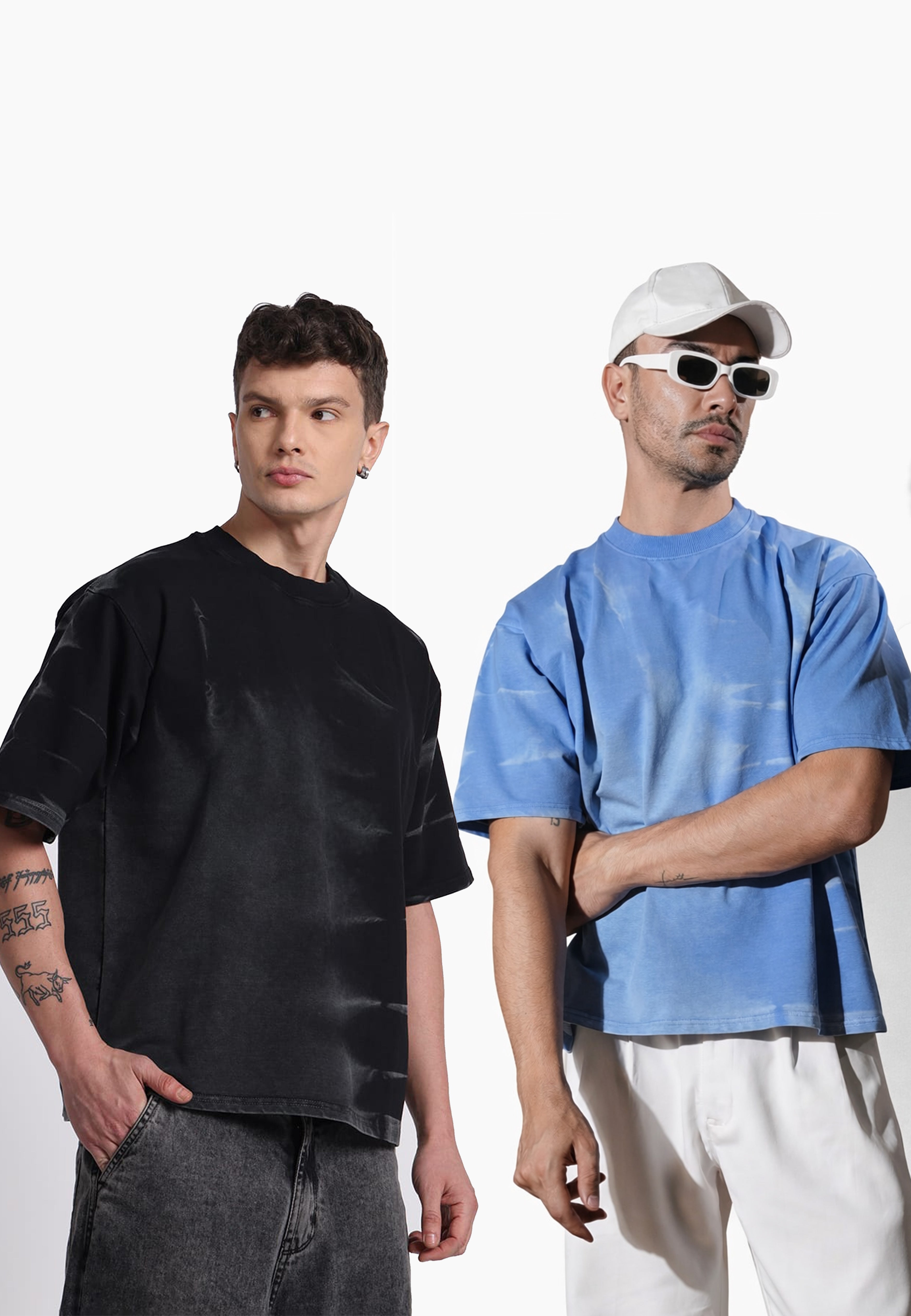 OVERSIZED TIE-DYE COTTON T-SHIRT - DARK BLACK & SKY BLUE  (PACK OF 2)