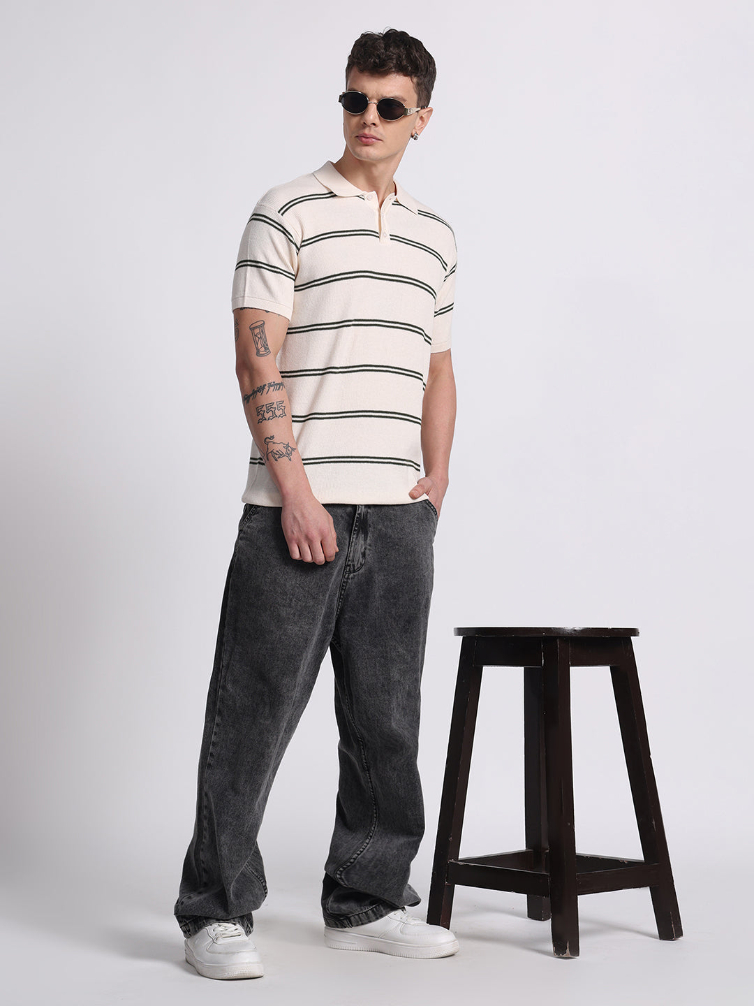 Striped Minimal Knit Polo – Cream Black
