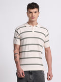 Striped Minimal Knit Polo – Cream Black