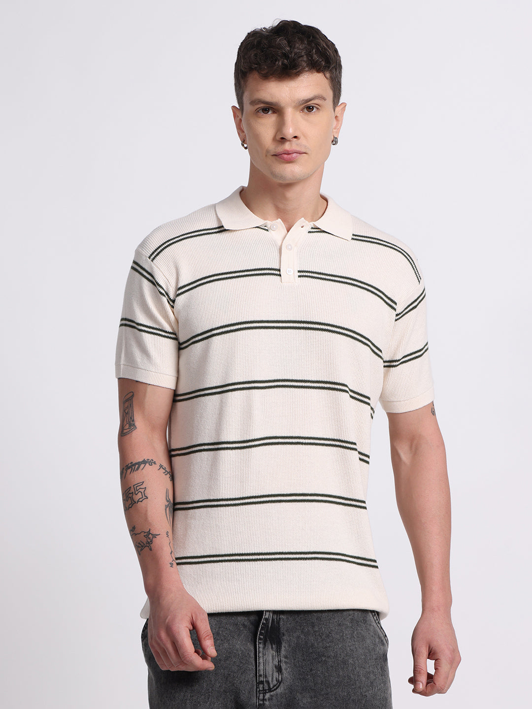 Striped Minimal Knit Polo – Cream Black