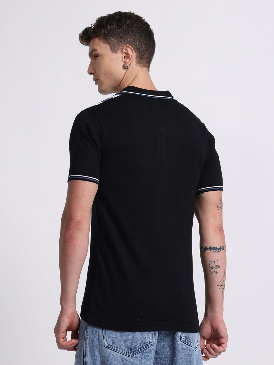 Retro Stripe Knit Polo – Midnight Black & Blue