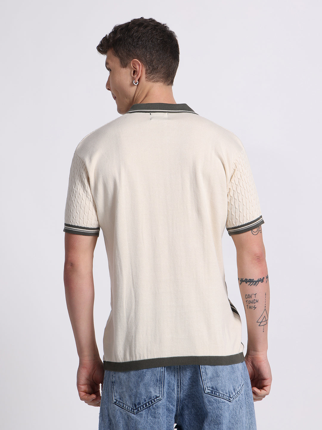 Textured Panel Knit Polo – Olive Beige