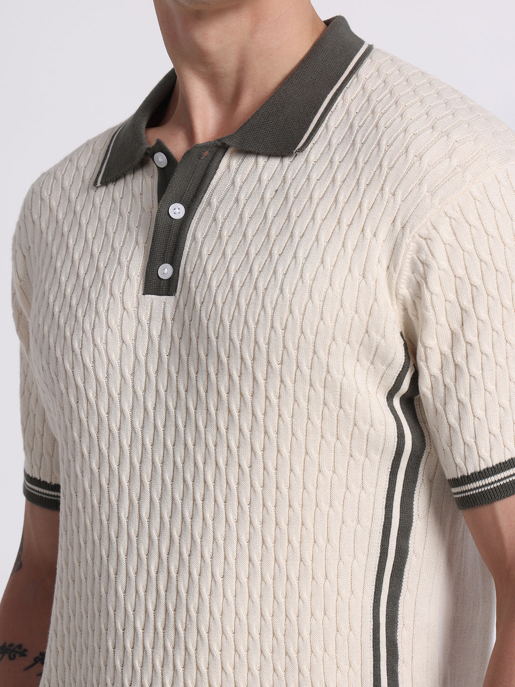 Textured Panel Knit Polo – Olive Beige