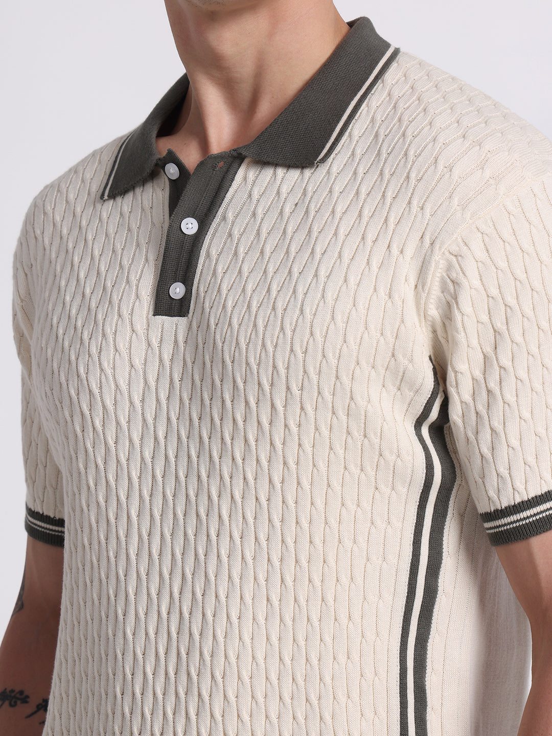 Textured Panel Knit Polo – Olive Beige